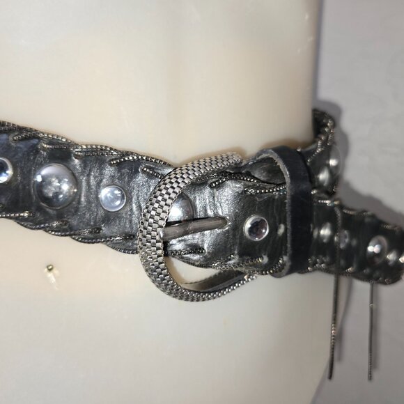 VTG Nanni Studded Black Leather Belt With Intricate Silver Buckle & Mesh Chains - Picture 6 of 11